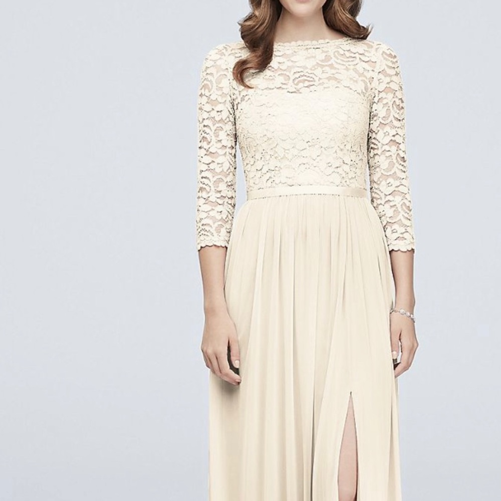 3/4-Sleeve Illusion Lace and Mesh Bridesmaid Dress